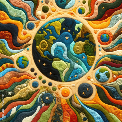 Wallpaper Mural felt art patchwork, world globe planet earth background banner, sustainable environment, ecology, nature regeneration, eco friendly green energy, care for nature esg concept Torontodigital.ca