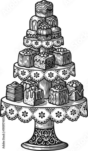Elegant tiered cake stand with assorted decorated cakes and pastries in vintage