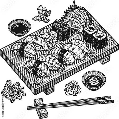 Assorted sushi platter with nigiri, sashimi, rolls, soy sauce, wasabi, and chopsticks on wooden serving board