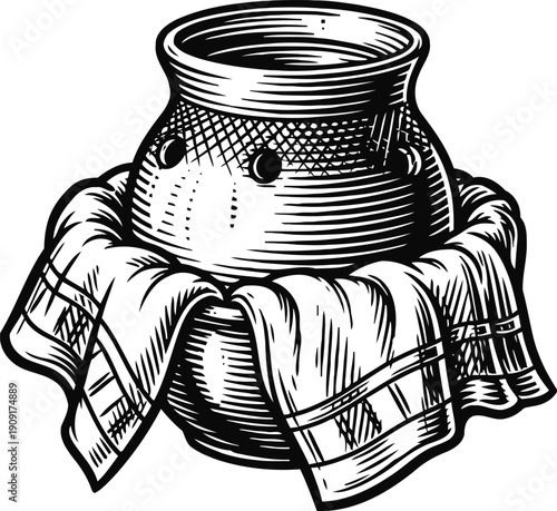 Traditional clay cooking pot wrapped in a cloth, vintage kitchenware illustration for food preparation