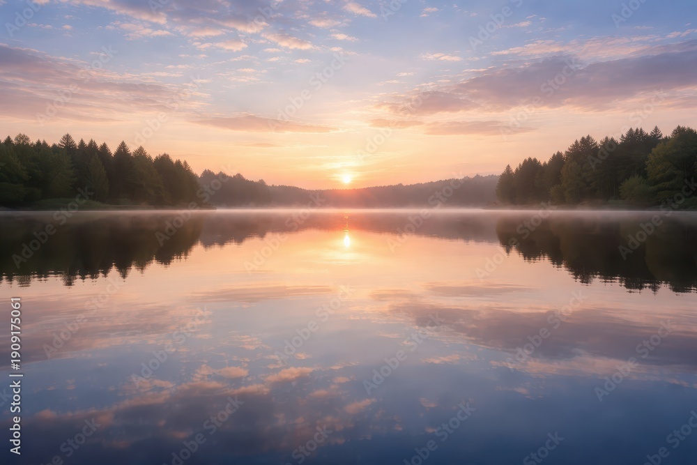 Obraz premium Serene sunrise over a tranquil lake, reflecting the pastel sky and misty shoreline, creating a peaceful and scenic landscape perfect for nature lovers.