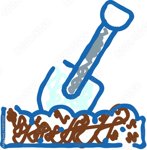 Shovel digging into brown soil and dirt, depicting concepts of gardening, agriculture, planting, and construction work in a simple, hand drawn illustration style