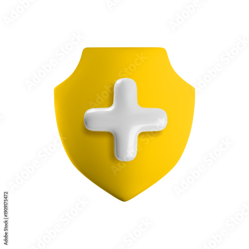 Vector cartoon 3d health protection icon. 3d render of yellow shield with white medical cross. First aid sign. Antivirus safety, healthcare, immunity, medical insurance symbol for app, web, design
