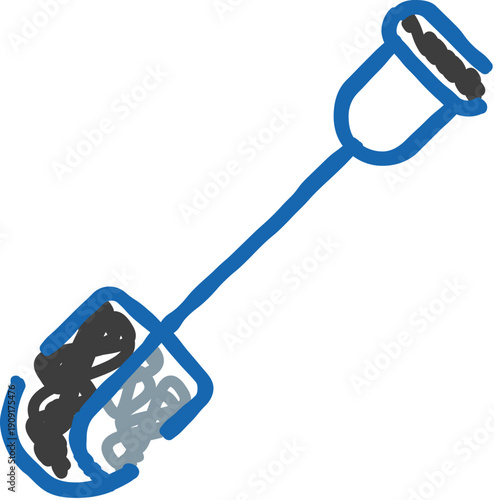 Blue shovel with dark soil and light grey dirt, illustrating gardening, digging, and working with tools in a simple, hand drawn vector sketch style, isolated on a white background