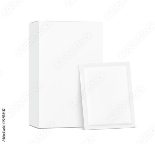 Closed paperboard box with sachet mockup set. Vector illustration isolated on white background. Packaging for tea, drip bag coffee, cosmetic, food, pharmacy. Ready for your design. EPS10.