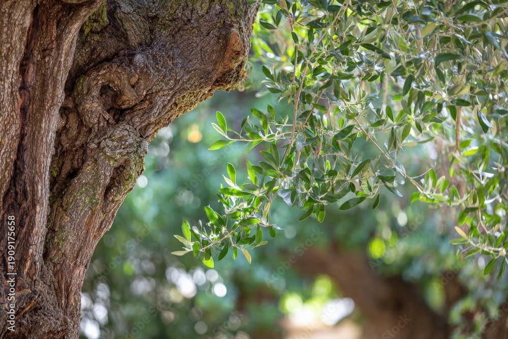 Obraz premium Majestic old olive tree with vibrant green leaves in sunlit garden