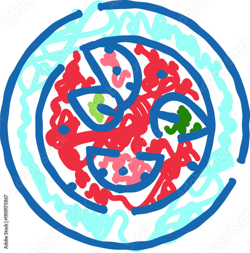 Abstract doodling of a vibrant, colorful happy face, capturing a child's imagination and playful expression, created with simple lines and shapes on a white background