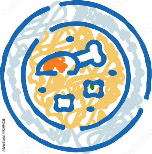 Chicken noodle soup icon drawing in a bowl, featuring a chicken drumstick, noodles, and vegetables in warm broth, symbolizing a comforting and hearty meal