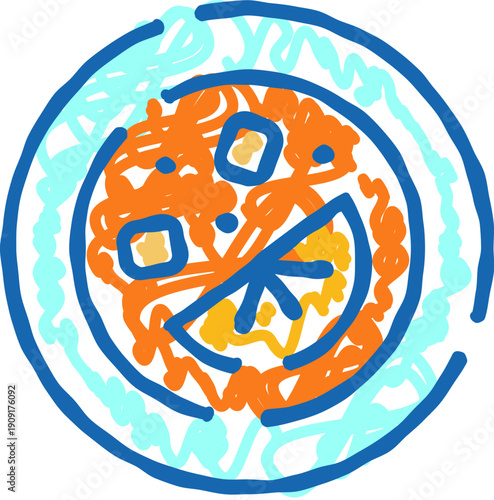 Colorful abstract drawing of paella in a bowl with seafood, rice, lemon wedge and garnish, minimal modern doodle style on white background, vibrant orange and blue accents