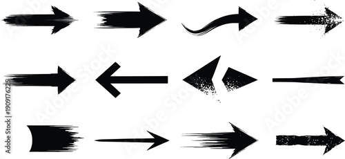 Grunge arrows collection. Set of hand drawn grunge arrow. Grungy brushes realistic. Black sketch handmade watercolor doodle arrow - stock vector.