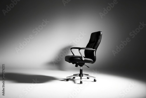 Empty black office chair with chrome arms and base centered in a spotlight against a gray gradient background casting a large shadow