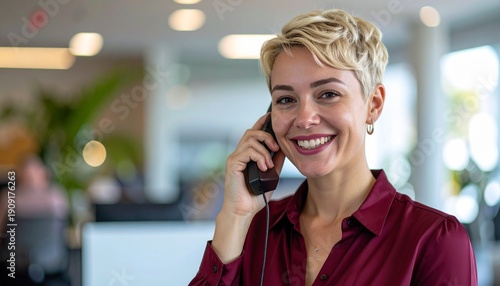 a smiling blonde woman with short hair wearing a dark red bordeaux blouse shirt making a telephone call in the office	