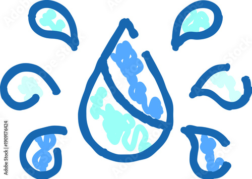 Blue water drop icon showing a splash of liquid surrounding a larger droplet, illustrating concepts of cleanliness, freshness, hydration, and fluid dynamics in a simplified artistic style