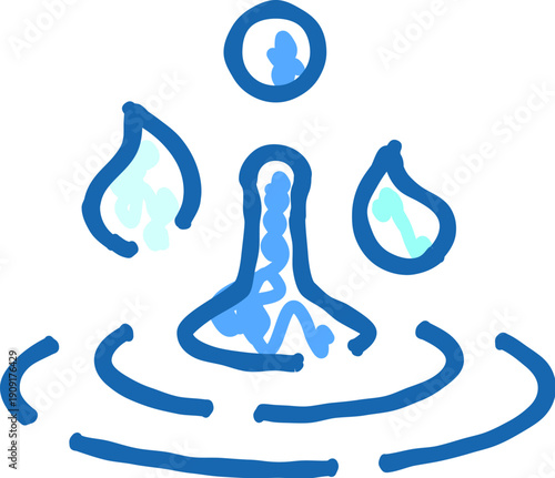 Meditating figure combining with falling water drops forming ripples, depicting a zen state of mind, mindfulness, emotional balance, purity, and wellness in a soothing blue icon