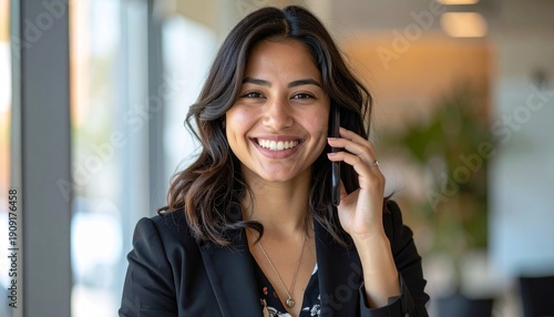 a smiling brunette woman with long hair wearing a black blazer jacket making a telephone call in the office	