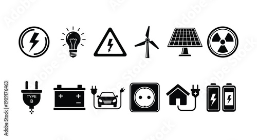Electricity icon set. Collection of green energy icons. Icons for renewable energy, green technology. Flat style icon. Environmental sustainability simple symbol - stock vector