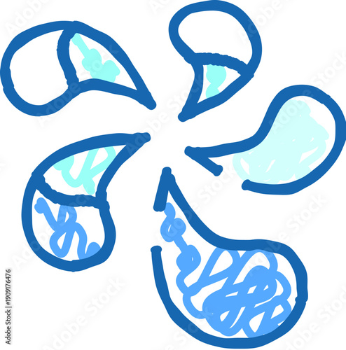 Blue water drops splashing outwards from a central point, forming a playful and abstract doodle icon representing liquid movement and freshness in a hand drawn style