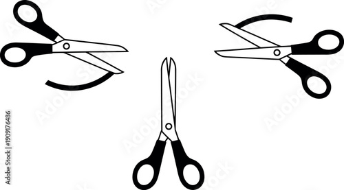 Collection of three stylized scissors icons with black handles and silver blades isolated on transparent background