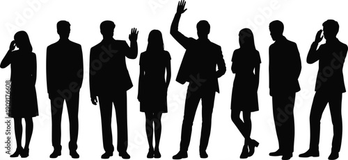 Silhouette business people standing in professional poses vector illustration showing corporate attire, communication gestures, teamwork, office lifestyle, business design collection