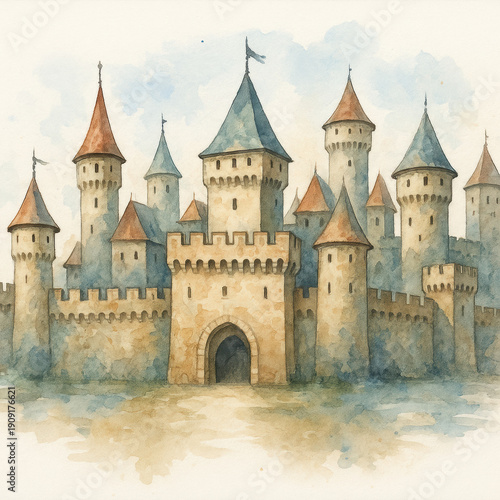 Fairytale castle with multiple towers painted in watercolor style on light background
