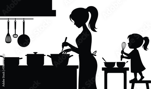 Silhouette family cooking together in kitchen, mother and child preparing food, domestic lifestyle vector illustration, teamwork, bonding, culinary art design