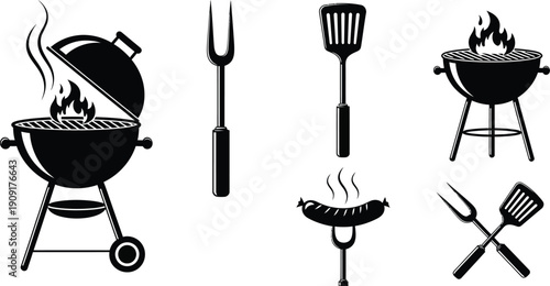 BBQ grill icon set. Barbecue, bar-b-q, spatula, grill fork, picnic, fire - stock vector. 