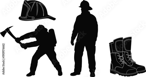 Silhouette firefighter illustration showing helmet, boots, axe, and standing figure representing fire safety, emergency rescue, protection, and firefighting profession.