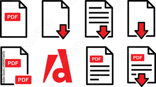 PDF file format icons set. PDF file download symbols. Format for texts, images, vector images, videos, interactive forms - stock vector