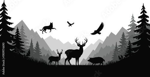 Silhouette forest wildlife illustration with deer, wolf, boar, birds, pine trees, and mountain background showing natural wilderness biodiversity scene.