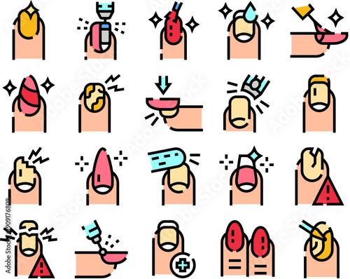 Hands receiving diverse nail care treatments in a salon setting, from shaping and polish to acrylics, gel, fungal treatment and repair, highlighting nail health and beauty