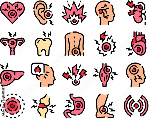 Collection of colorful icons illustrating various human body parts experiencing pain or illness, including heart, ear, head, stomach, liver, uterus, tooth, back, muscle, joint, and foot issues