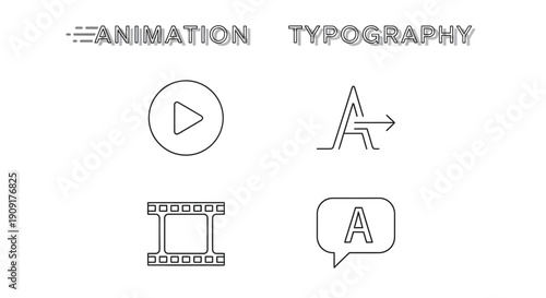 Animation and Typography Icons: Play Button, Letter A, Film Strip, Speech Bubble