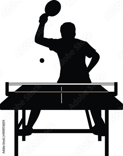 Silhouette of table tennis player hitting ball with paddle on ping pong table showing dynamic action, sport, competition, recreation, and energy.