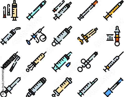 Syringe and medical equipment icons showing various types of devices for injection, vaccination, blood collection, and medication delivery, representing healthcare and treatment