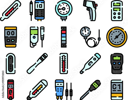 Collection of different types of thermometers, pressure gauges, and measuring tools for monitoring temperature, health, and environmental conditions across various applications