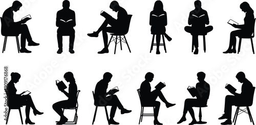 Silhouette people reading books on chairs, diverse postures, educational illustration, vector design for learning, literature, study, classroom concepts