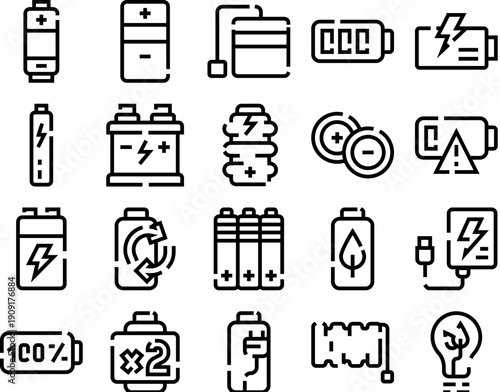 Battery icons presenting various states like full charge, low power, charging, recycling, and different battery types, illustrating power and energy concepts