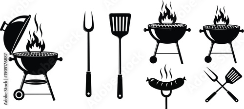 BBQ grill icon set. Barbecue, bar-b-q, spatula, grill fork, picnic, fire - stock vector. 