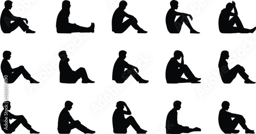 Silhouette people sitting in diverse postures vector illustration showing body gestures, relaxation, contemplation, design art, human figure collection