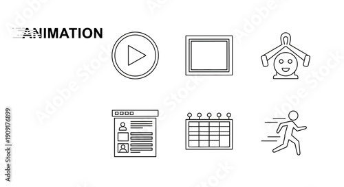 Animation Icons Set: Play Button, Frame, Character, Profile, Calendar, Running Man