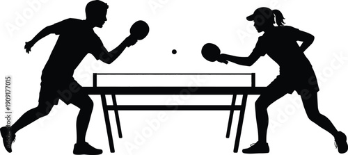 Silhouette table tennis players illustration showing competitive match with paddles, ball, net, dynamic action, sports activity, recreation, and fitness.