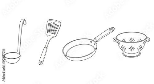 Kitchen Utensils Collection: Ladle, Spatula, Frying Pan, and Colander