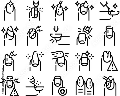 Collection of outline icons illustrating various aspects of nail care, including filing, polishing, repairing, and addressing common nail health issues and cosmetic applications