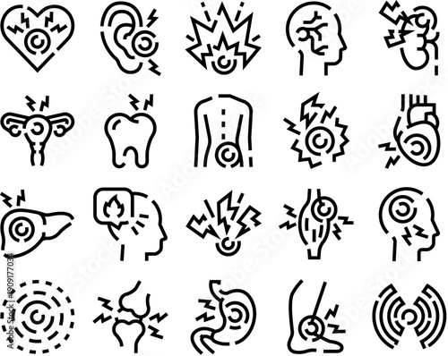 Human anatomy experiencing various types of pain, illness, and medical problems, with stroke icons illustrating symptoms and discomfort in different body parts