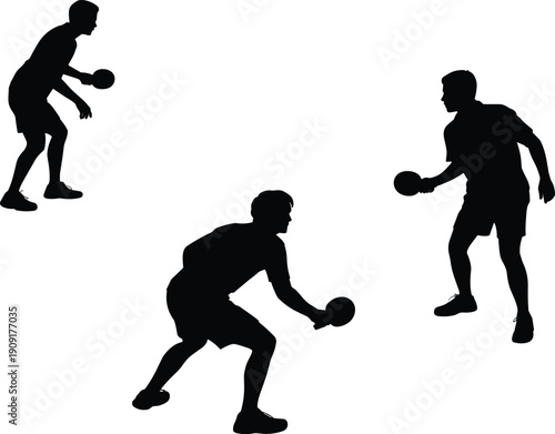 Silhouette table tennis players illustration showing dynamic action, paddles, ball, net, competitive sports match, recreation, fitness activity, and teamwork.