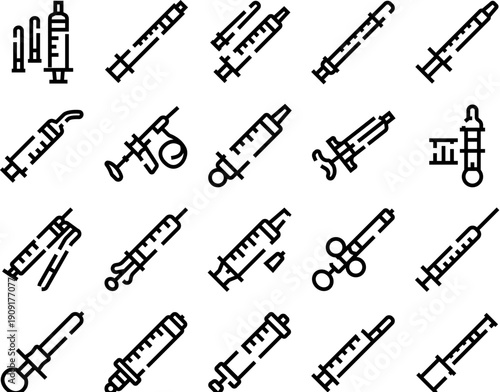 Syringe and injection line icon set showing needles, vials and delivery devices for medical treatment, vaccination and drug dosing, clean black outlines on white background