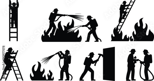 Silhouette vector illustration of eight firefighters performing emergency tasks, climbing ladders, spraying water, using hoses, breaking doors, and coordinating teamwork.