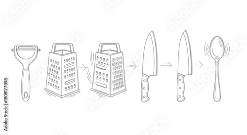 Kitchen Utensils: Peeler, Grater, Knives, Spoon - Food Preparation Tools