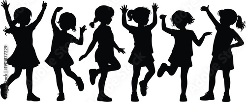 Silhouette vector illustration of six playful children dancing, jumping, and moving energetically in dynamic poses representing fun childhood activity.