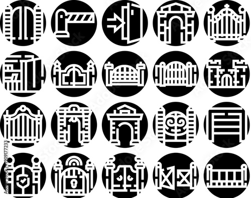 Gate glyph icons illustrating various types of entrances, barriers, and security mechanisms, representing accessibility, protection, and architectural elements for different properties